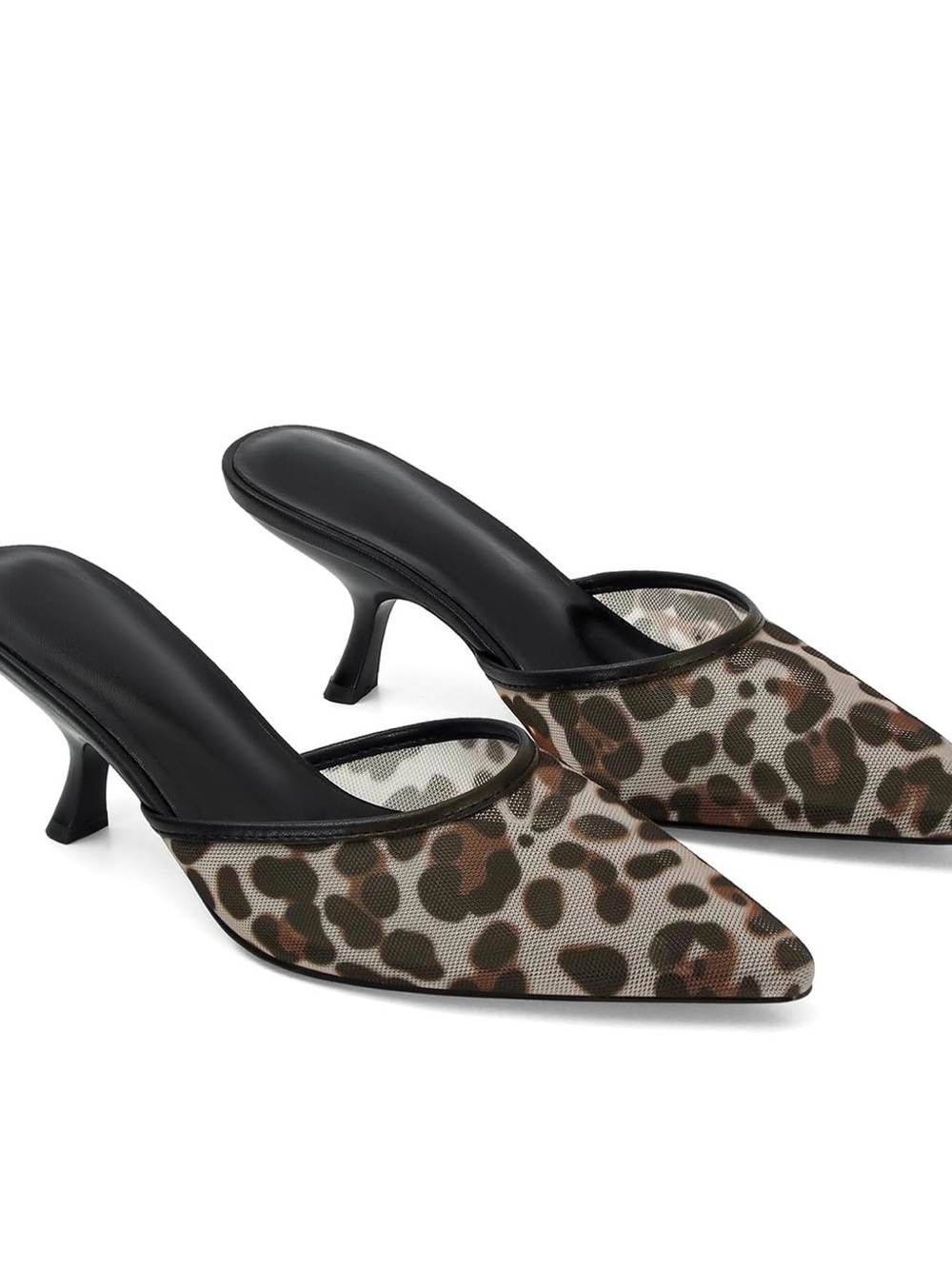 Women’s Leopard Print Mesh Mule Heels - Black Trim